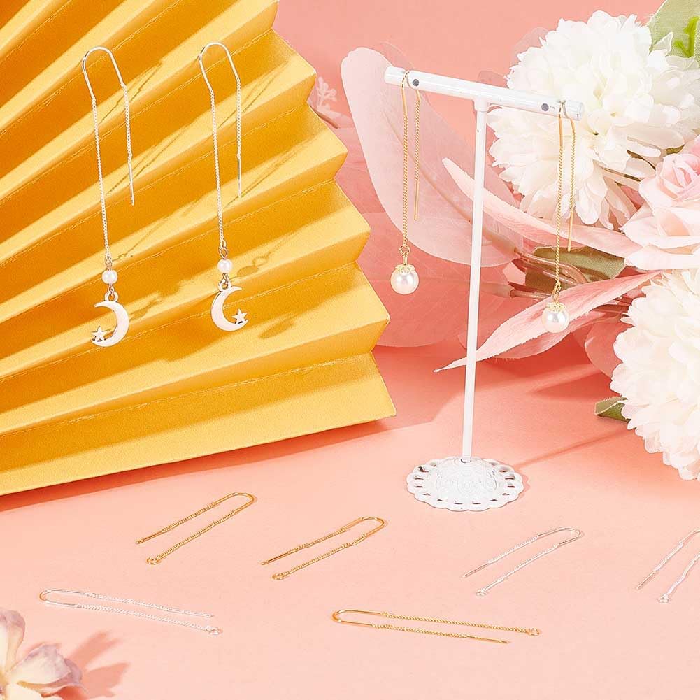 Beebeecraft 8Pcs 2 Colors Ear Threads 18K Gold & 925 Sterling Silver Plated String Earring Threader 60mm Pull Through Threaded Long Chain with 925 Sterling Silver Pins and Loop for DIY Earring Making
