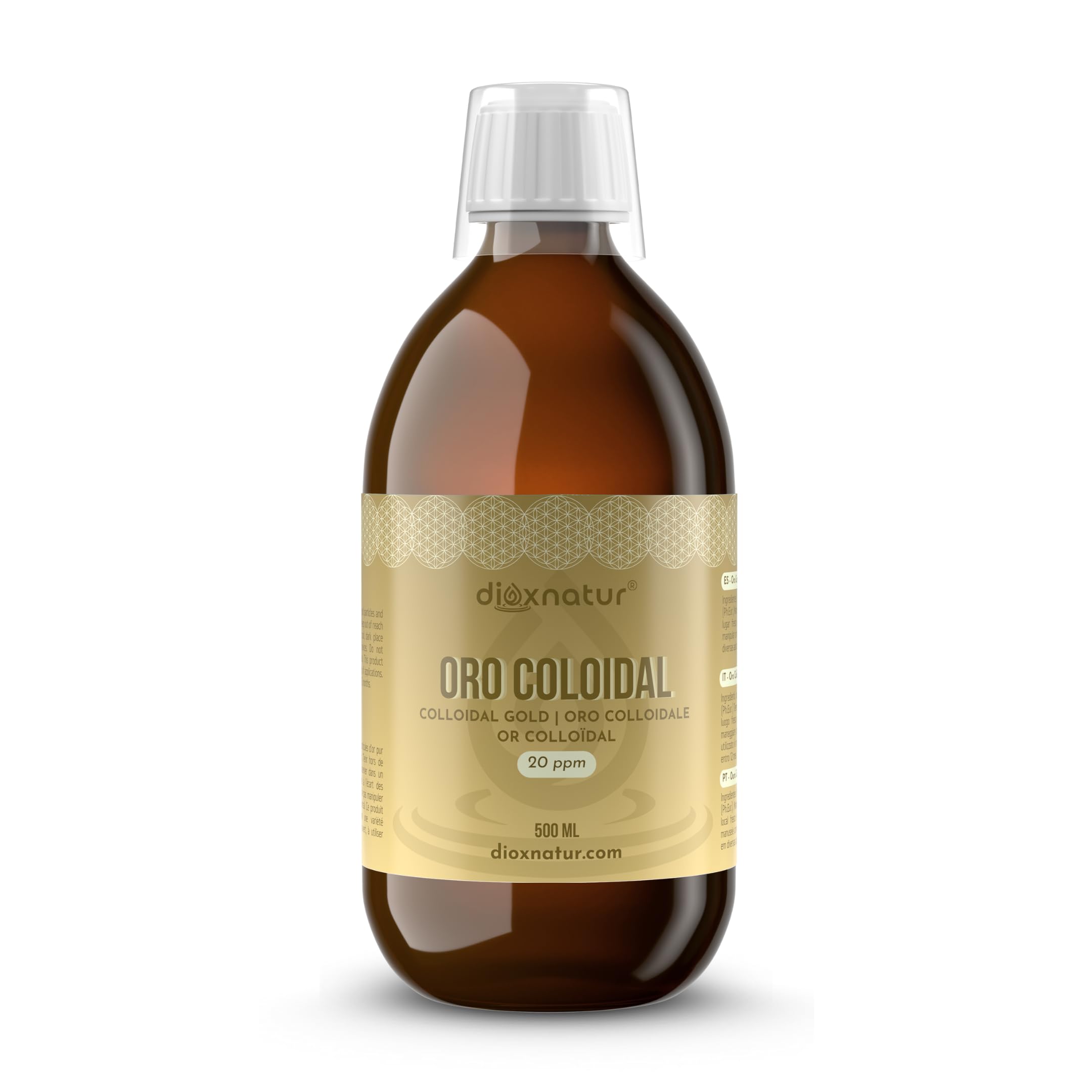 Oro Coloidal 500 ml - 20 ppm - 24K Puro 99,99% - Solución Líquida con Agua Bidestilada - Botella Vidrio Ámbar