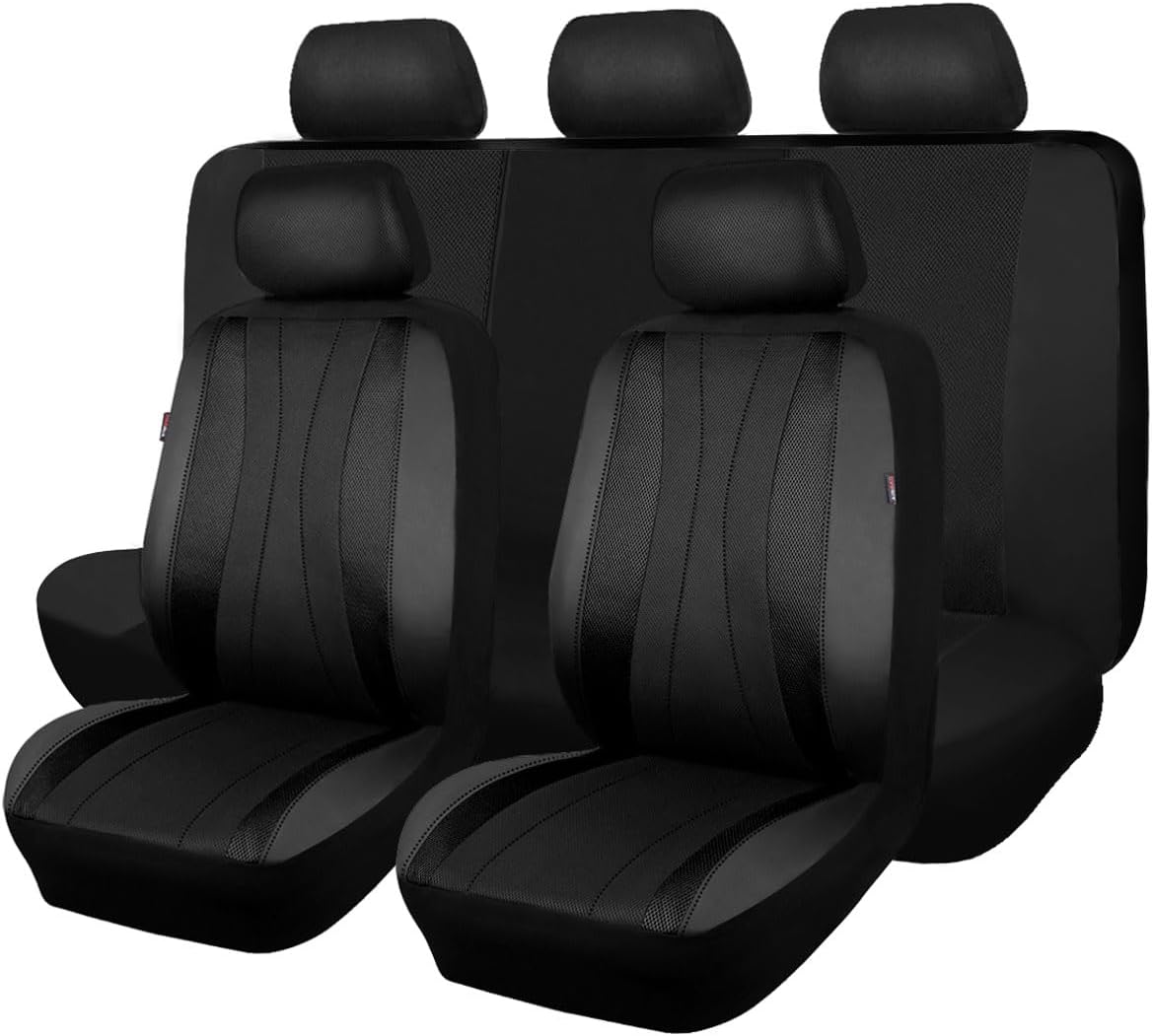 Flying Banner car seat Covers Set airmesh Breathable Fashion Easy Bench Split Protectors Sport Fashion (Black & Black, Full Set - Low Back)