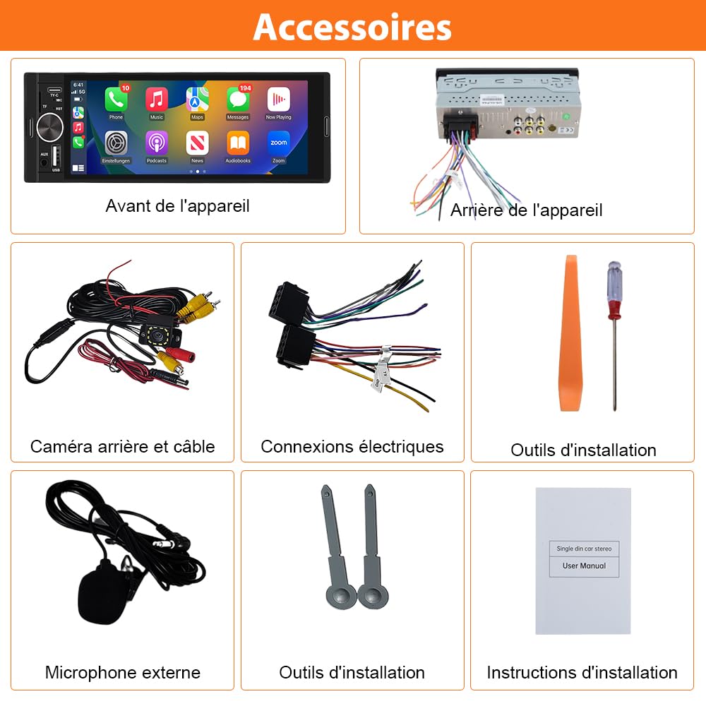 Autoradio 1 DIN CarPlay et Android Auto avec 6.36‘’ Écran Tactile HD/Bluetooth 5.0/Caméra de Recul Inclus/FM USB Type C/GPS/Airplay/Mirrorlink/Siri Commande Vocale
