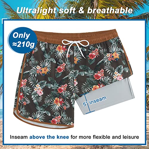 Cozople Mens Swimming Trunks 5" Swim Trunks With Compression Liner 80S Vintage Beach Shorts With Mesh Lining Pockets,Hibiscus Black,L #TOP5