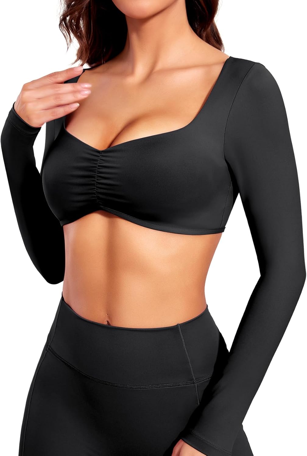 Women Elevate Long Sleeve Crop Top Sleeve Padded Sports Low Medium Impact Yoga Shirt Workout - Image 2