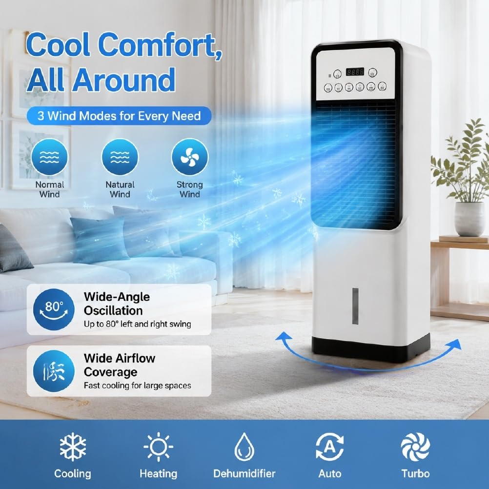 Condizionatore d'Aria Portatile 12000 BTU con Riscaldamento e Raffreddamento, unità AC Mobile Classe energetica A con Telecomando, Ventilatore raffreddatore evaporativo per casa, Ufficio e Viaggi