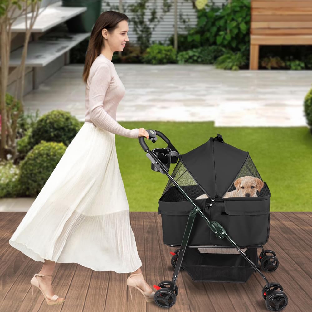 Passeggino pieghevole per cani, 4 ruote, passeggino per cani e gatti con cestino portaoggetti, passeggino portatile per animali domestici, 50 x 65 x 99 cm, nero