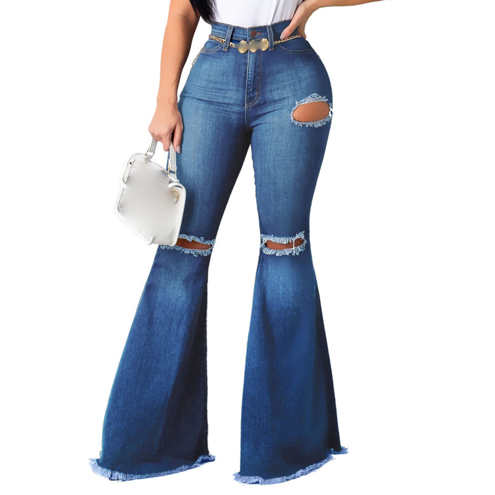 Women's Classic Ripped Flare Jeans High Waisted Bell Bottom Denim Pants Destroyed Raw Hem Wide Leg Jean Trousers (Blue,XX-Large)