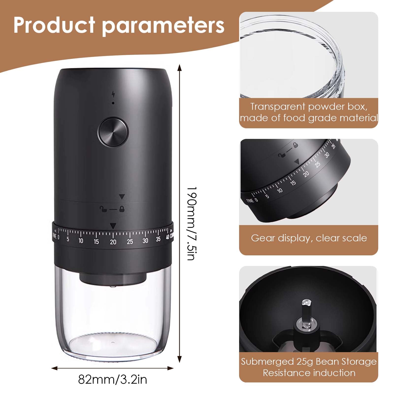 Elektryczny młynek do kawy, USB, do ponownego ładowania, z ceramicznym stożkiem, przenośny młynek do kawy z wieloma ustawieniami mielenia, na podróż, kemping, do biura, espresso
