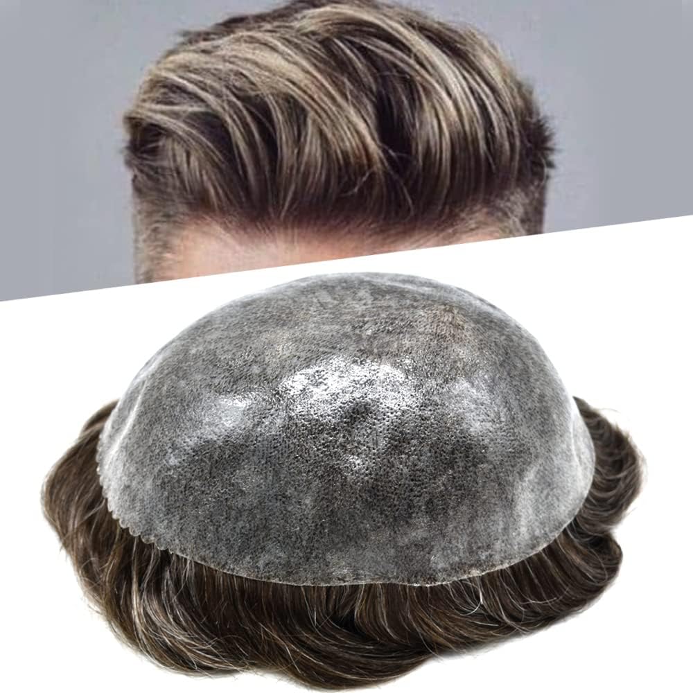 Mens Toupee Wig - Full Injected PU Durable Skin - Poly Skin Soft Human Hair Piece - Black, Brown, Blonde, Grey (8"x10", #240 Darkest Brown+40%Gray-110% Light to Medium Density)