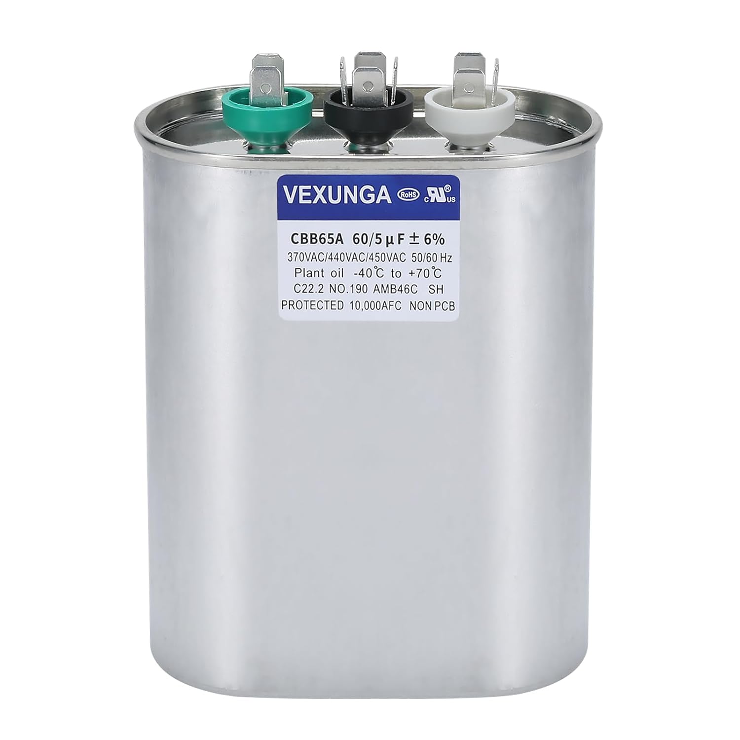 VEXUNGA 60/5 uF 60+5 MFD 370V 440V 450V Oval Dual Run Start AC Capacitor 60 5 uF 370 440 450 Volt VAC CBB65 Air Conditioner Capacitors for AC Unit Fan Motor Start or Condenser Straight Cool