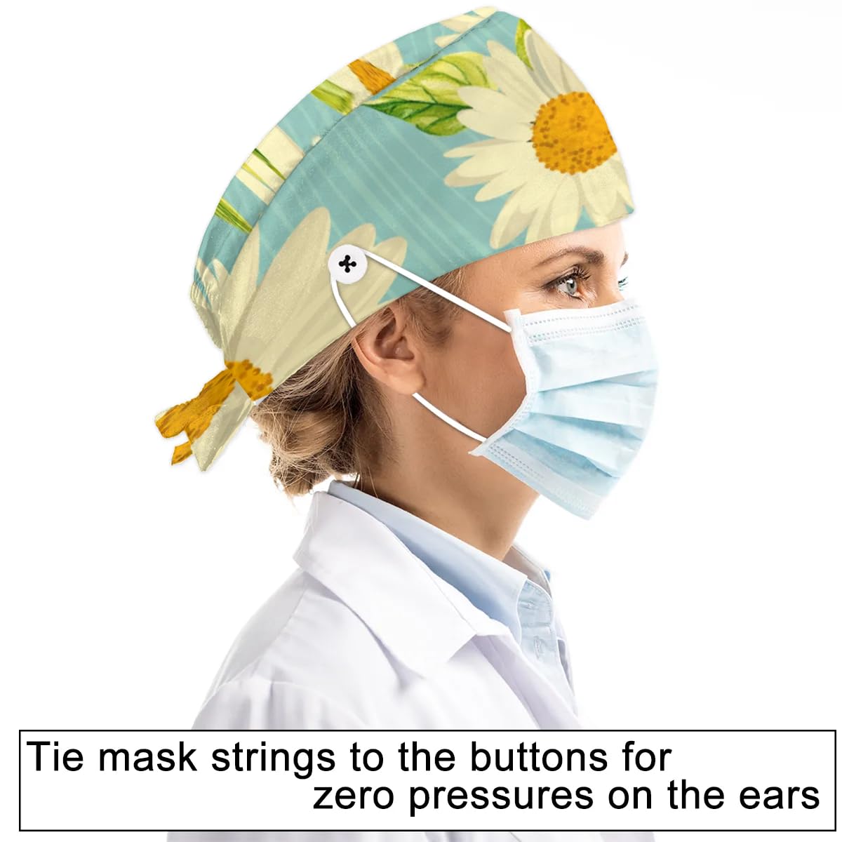 Mularoka Elegant Chrysanthemum Working Caps with Button Sweatband Comfortable Adjustable Bouffant Hats Work Hat for Women Men