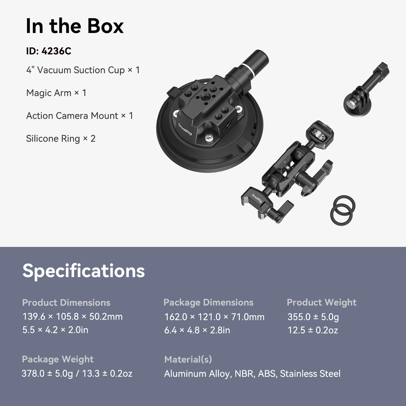 SMALLRIG 4" Camera Suction Mount with Ball Head Magic Arm, Kamera Saugnapfhalterung mit Kugelkopf-Zauberarm, Autohalterung für leichte Kamera/Action Kamera/Telefon, Maximale Belastung 3 kg – 4236C