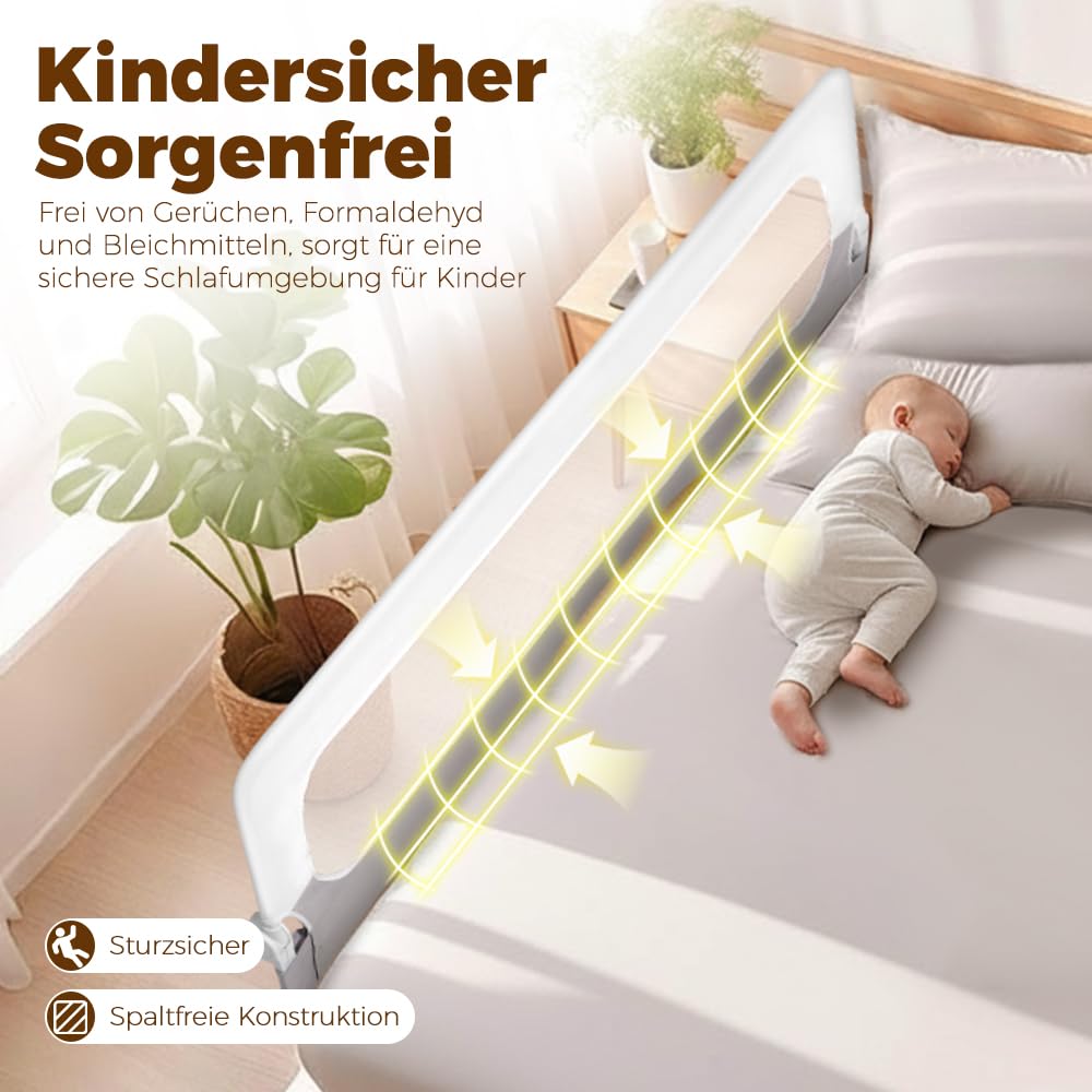 Playpals Baby Bettgitter 150 cm, faltbar & Aufgerüstete U-förmige Basis | 60 cm Höhe stoßfest, Knopf zum Zusammenklappen für den Zugriff, fester Ankergurt, für Queen-, King-, Twin- und Doppelbett