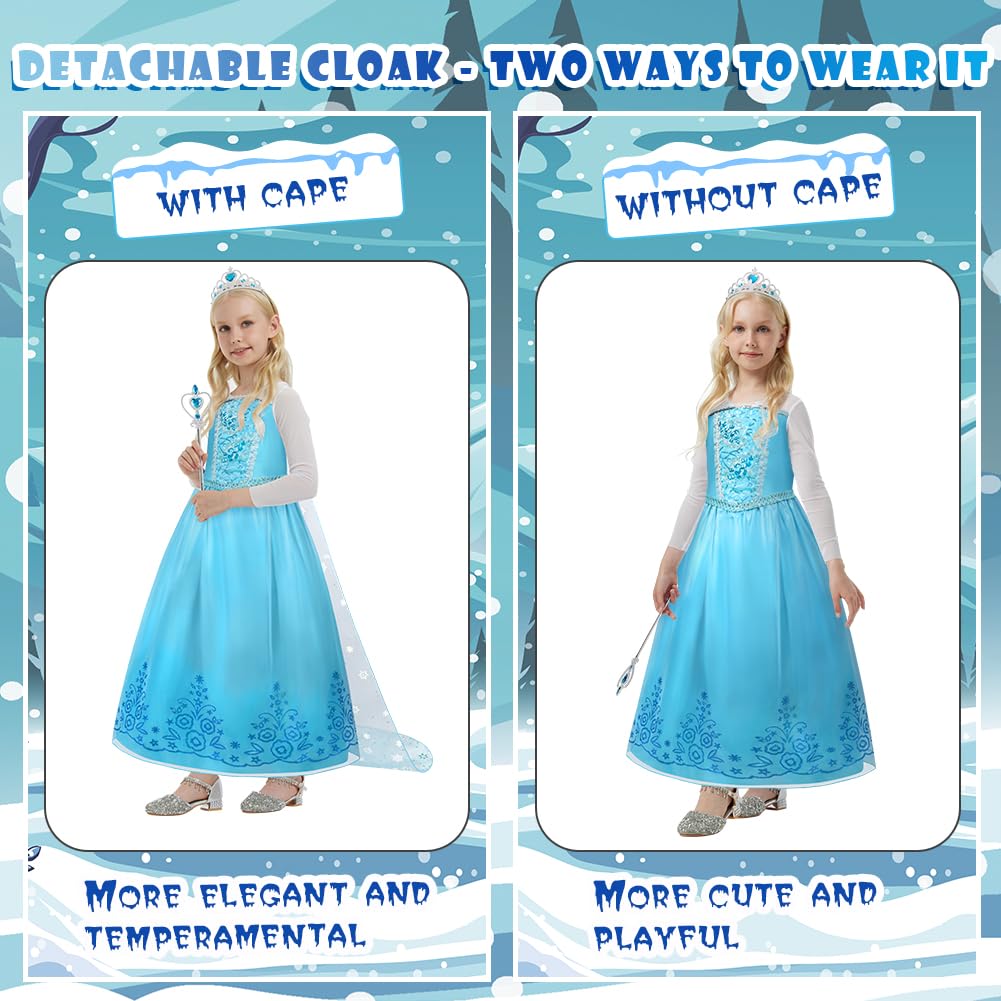 ACWOO Elsa Vestito Set, Costume Elsa Congelamento Bambina, Set da Principessa con Corona Bacchetta, Elsa Vestito Bambina per la Halloween Natale Cosplay Party Compleanno Vestito Fantasia