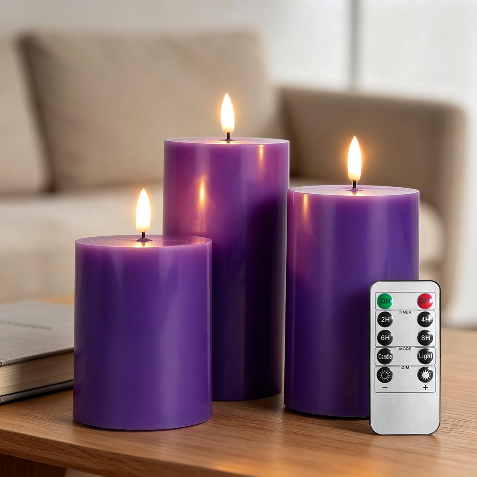 RosMank 3 Set LED Candles, Indoor & Outdoor Candles with 10-Key Remote Timer Control, Flameless, with Flickering Flame, Smooth Real Wax, Decoration for Christmas, Birthday, Wedding, Party, Purple