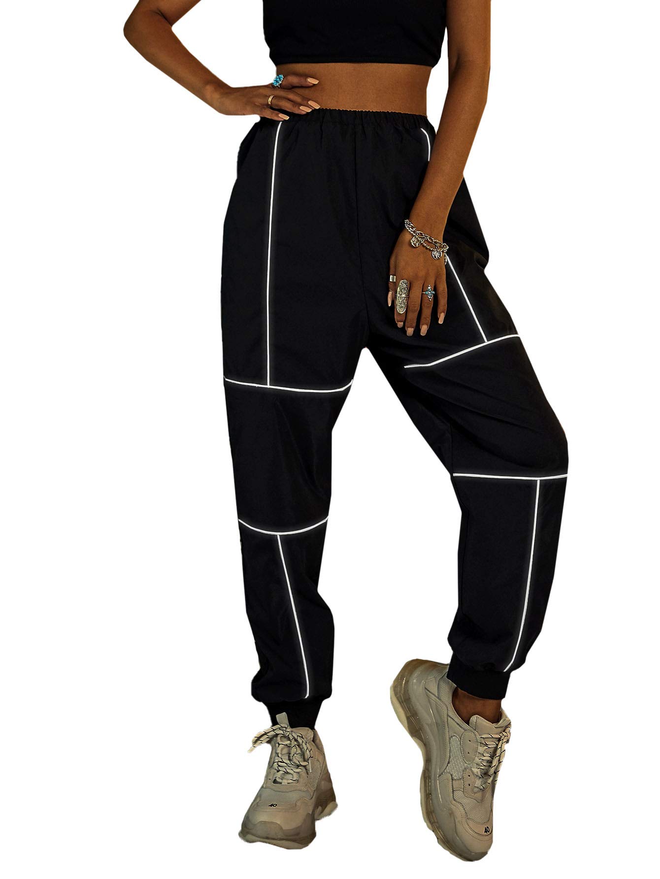 Photo 1 of OYOANGLE Women's Elastic Waist Drawstring Color Block Sporty Running Windbreaker Pants with Pockets Medium Black
