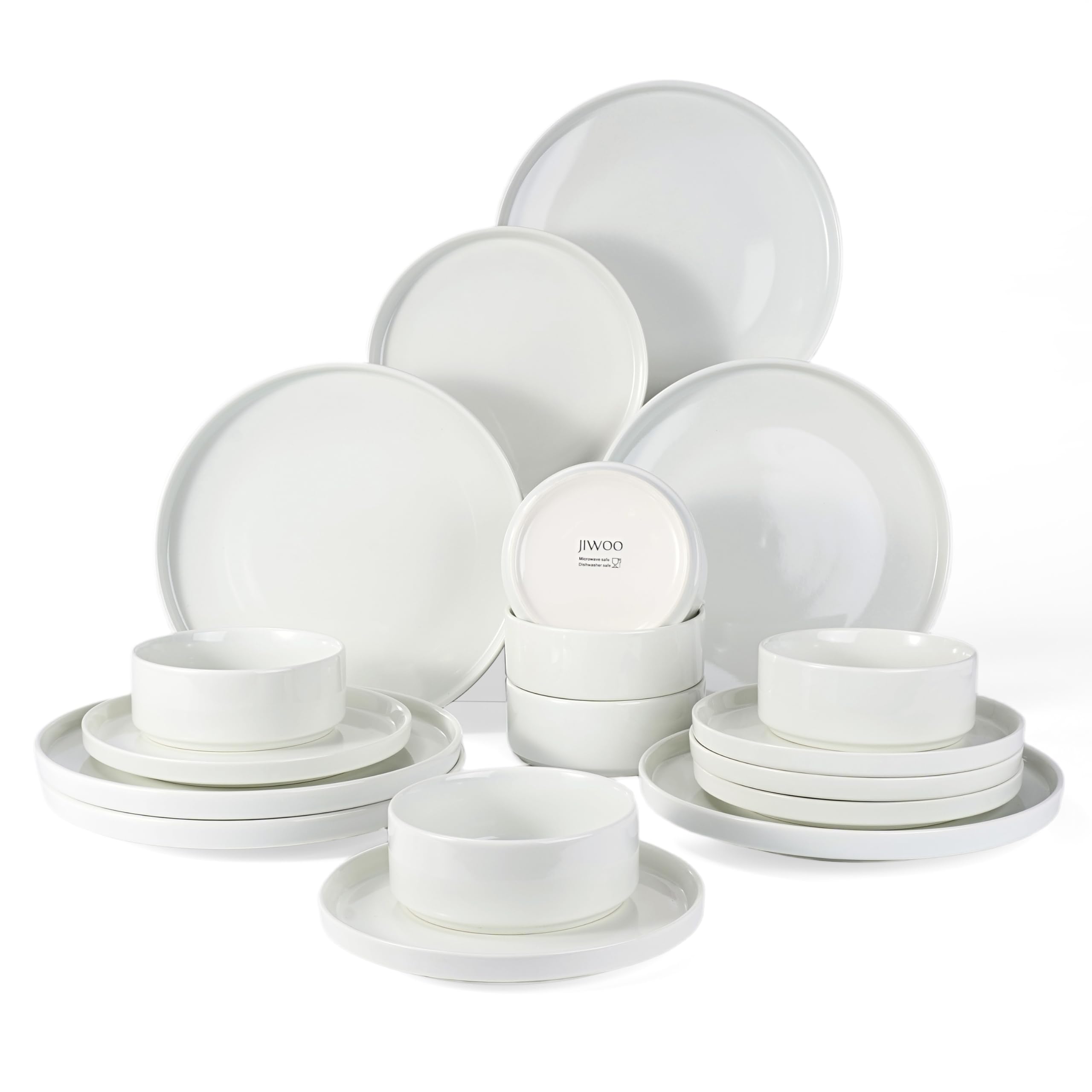 Jiwoo Geschirr Set & Tafelservice 18 TLG für 6 Personen, Modern Bone China | Mit Speise-, Desserttellern & Müslischalen – platzsparend stapelbar, mikrowellen- & spülmaschinengeeignet