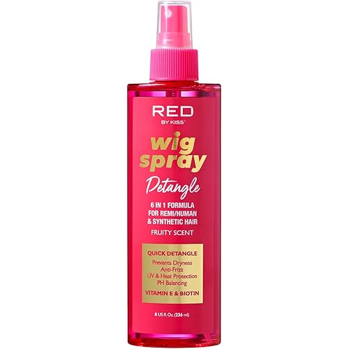 Red by Kiss Wig Spray, Extra Shine & Detangling Control for Remy, Human, Synthetic Hair, UV & Heat Protection, PH Balance & Long-Lasting Fragrance (8oz, Detangling)