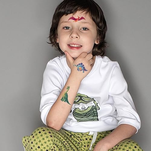 Miniatura 6 de CHARLENT 110 estilos de tatuajes temporales de dinosaurios con purpurina para niños, 14 hojas de tatuajes de dinosaurios con purpurina para niños y
