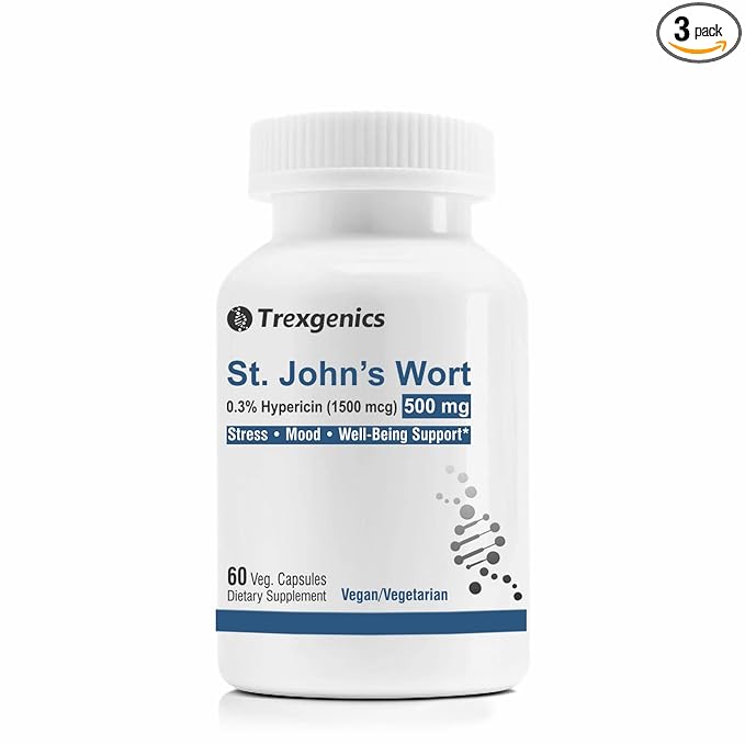 Trexgenics St JOHNS WORT 500mg Standardized - Hypericin Stress - Mood - Mental health support - Pack of 3