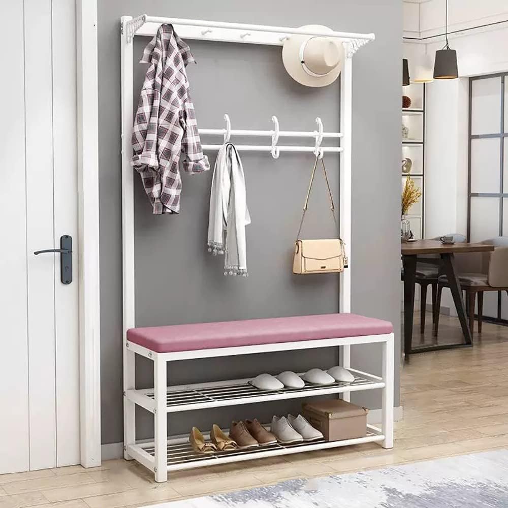 MYUYEE Coat Rack With Bench, Clothes Rack With Shoe Racks, Shoe Rack With Seat, Metal Coat Rack With Hooks And 3 Shelves For Hallway Bedroom, 100X33X170Cm(100X33X170Cm E-E)