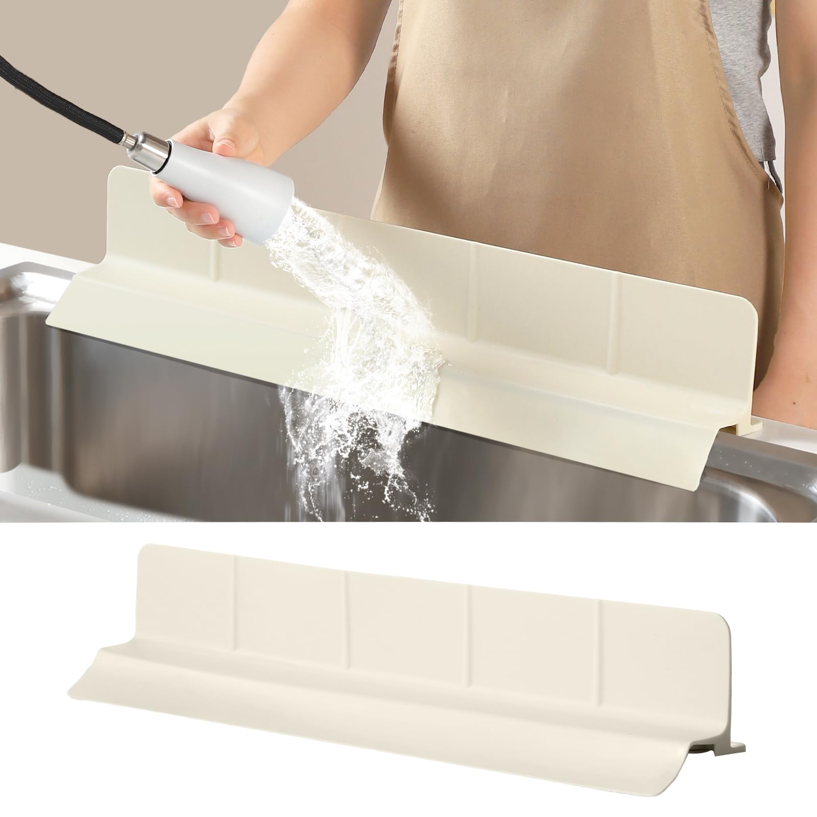 23" Ultra Silicone Sink Splash Guard Released in 2025/Dec,Self-Draining Water Splash Guard for Kitchen Sink,Bathroom and Island,with 3.5" High Splash Guard & 7 Strong Suction Cup(Beige) 1