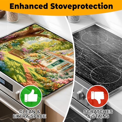 Image of Happy Easter Stove Top Cover Flower Eggs Cute Rabbit Gas Stove Top Cover for Home Decoration Kitchen St. Patrick Day Pad Non-Stick Washable Cooktop Covers Countertop Protector (house, 28 inch x 20 inch)
