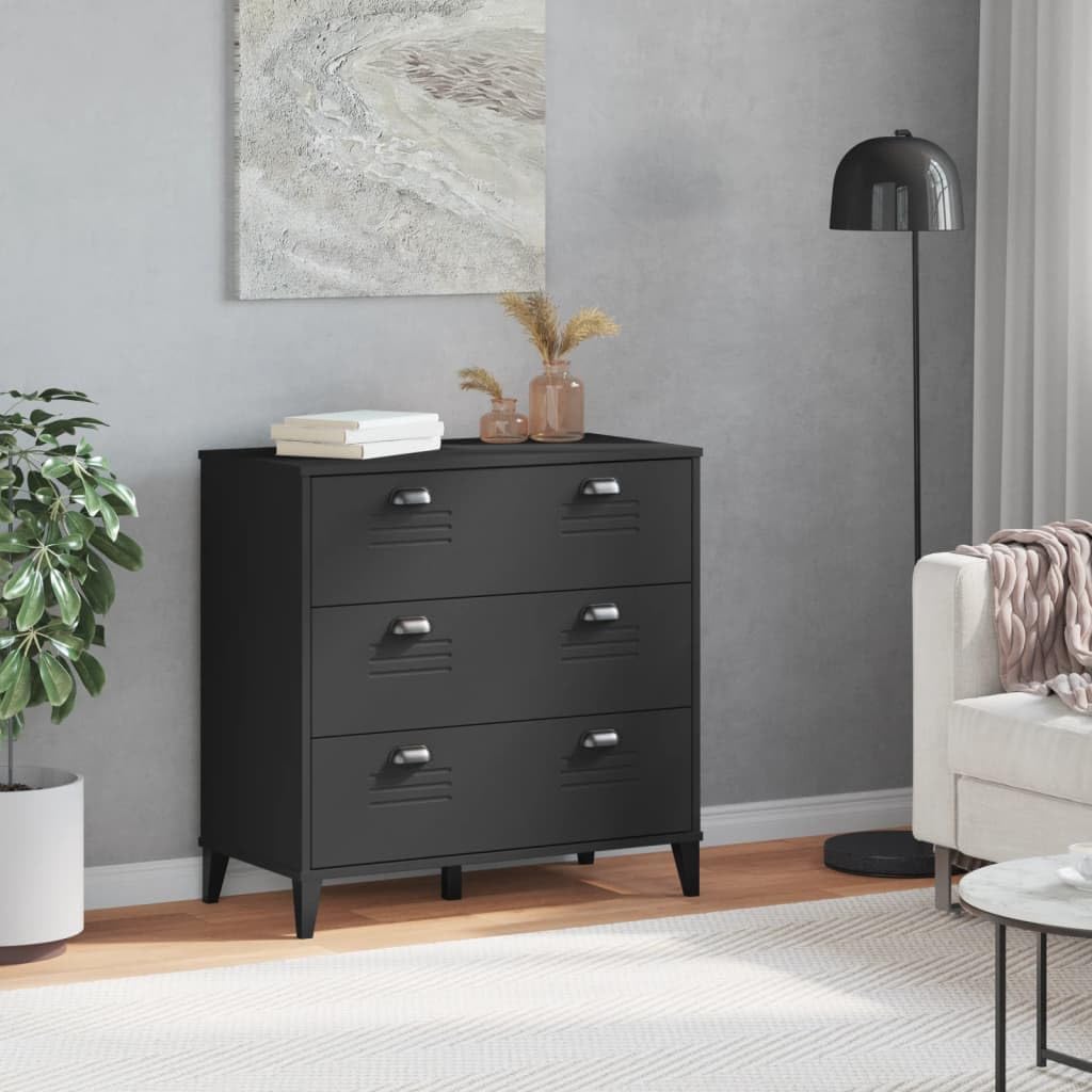 Industrial Black Drawer Cabinet with Three Smooth Drawers Engineered Wood Storage Furniture for Office Bedroom Living Room