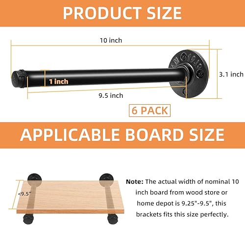 Miniatura 2 de Soportes para estantes de tubería de 10 pulgadas, soporte de pared de metal negro industrial flotante para estantes de madera, estilo rústico
