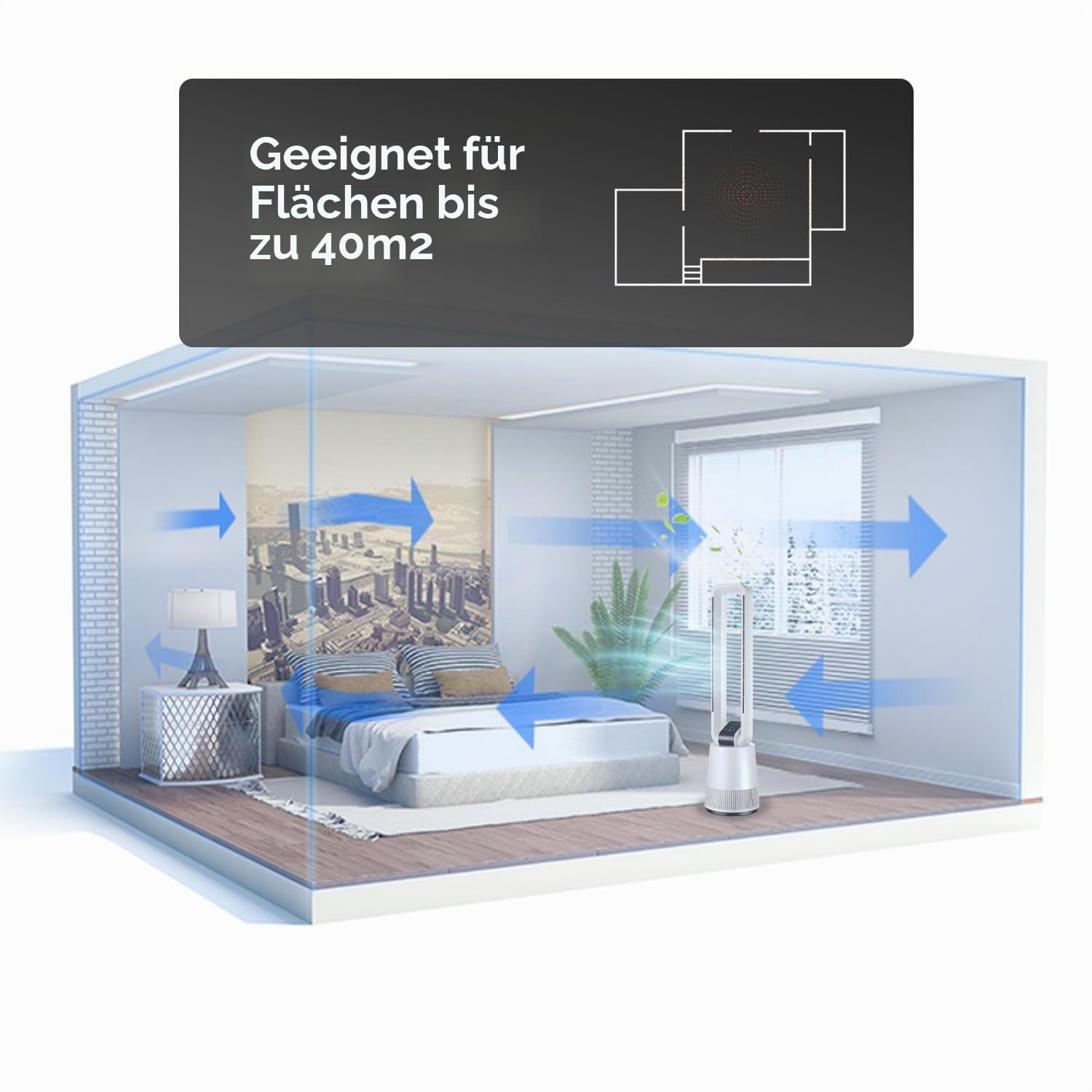 Avilia - Leiser Turmventilator mit Fernbedienung und LED-Display, 3 Geschwindigkeiten, Timer und Oszillation, Standventilator ohne Flügel für frische Luft, gleichmäßiges und modernes elegantes Design