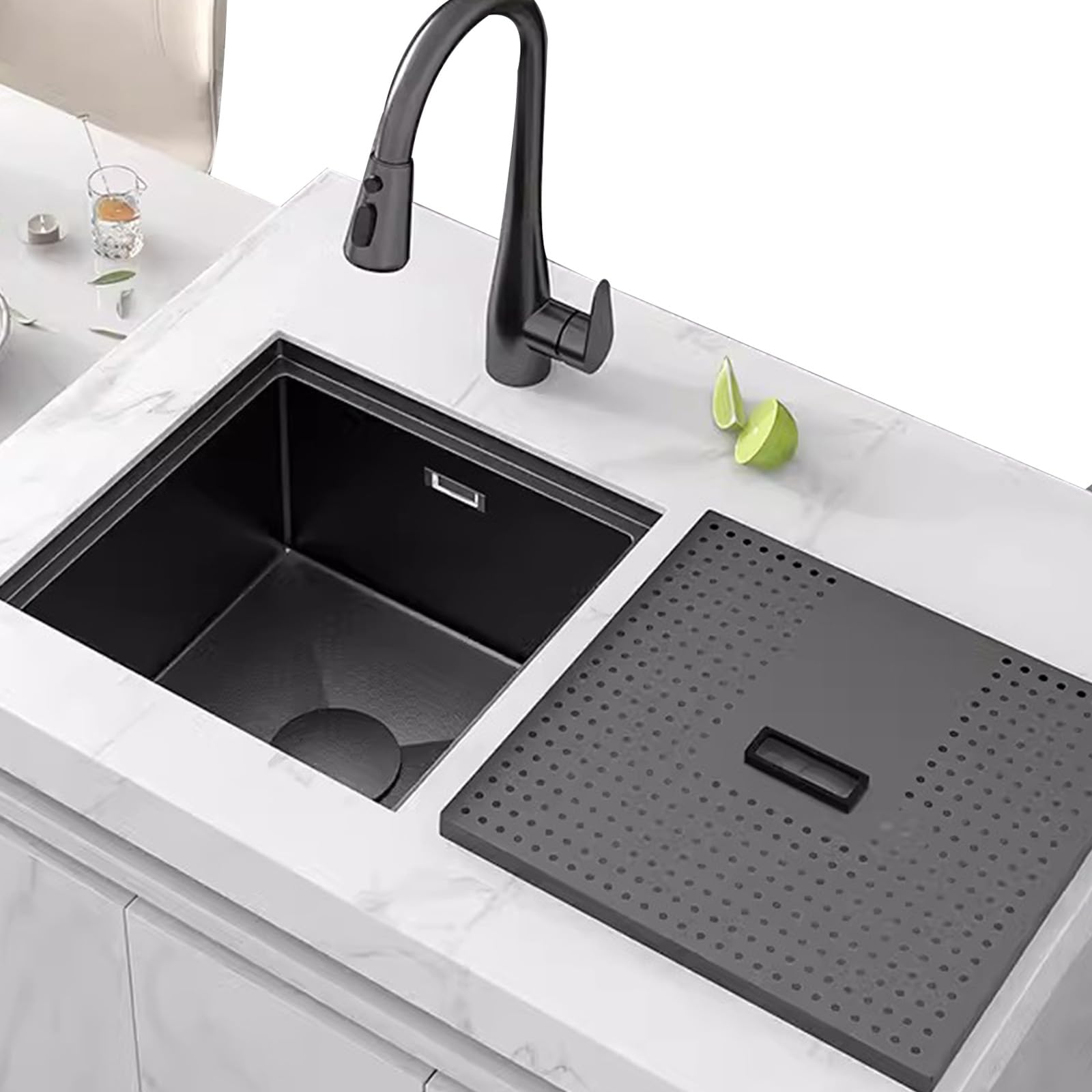 Schwarze Barspüle, Edelstahlspüle mit Abdeckung, Untertischspüle, Küche, Einzelbecken, schwarzer ausziehbarer Wasserhahn (schwarz, 50 x 40 x 22 cm)