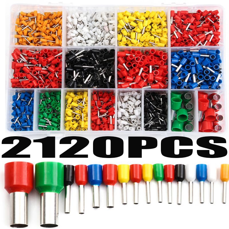 2120Pcs Copper Electric Wire Crimp Connectors Set Insulated Bootlace Cooper Ferrules Kit Cord Pin End Terminals for 22-5AWG