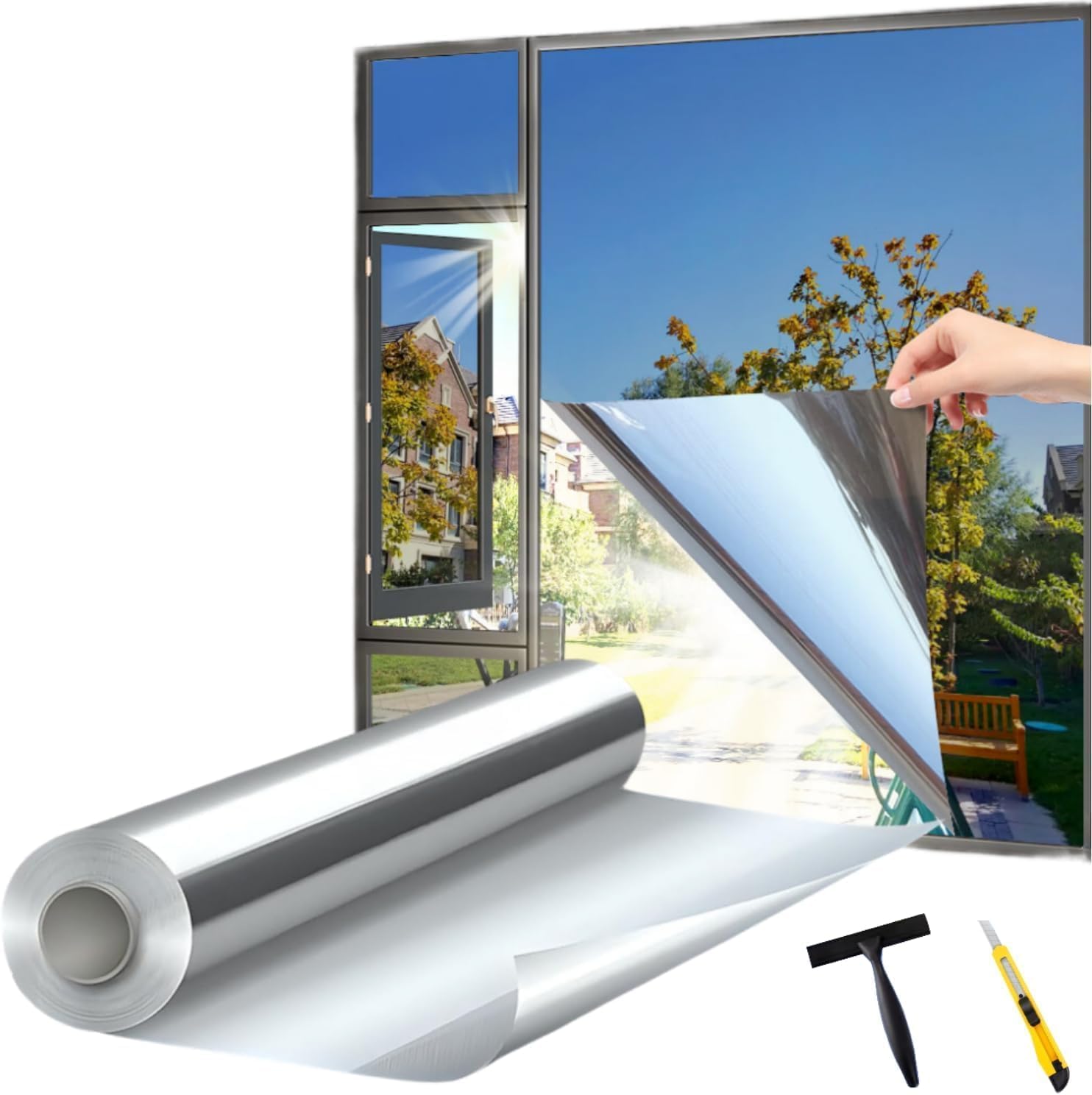 Film Miroir pour fenetre Anti Regard Anti UV avec Kit de Pose Film occultant Fenêtre Bon Effet Miroir Protection de la Vie privée pour Maison Bureau Magasin (Argenté, 90X600(cm))