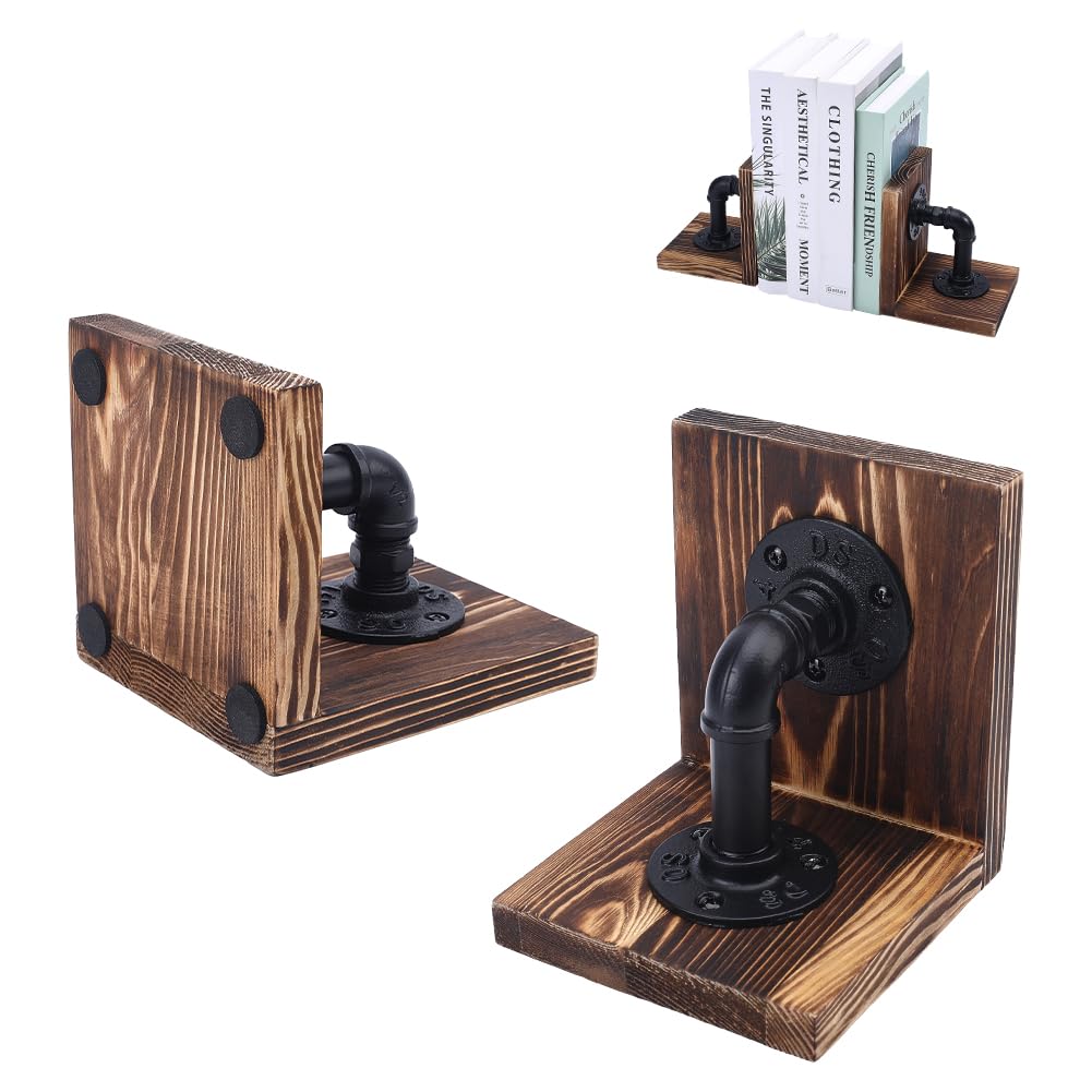 WADORN Decorative Book End, Handmade Heavy Duty Book Holders with Modern Industrial-Style Pipe Design Rustic Non-Skid Thickened Wooden Bookends for Home Library Office Desktop Bookshelf Decor