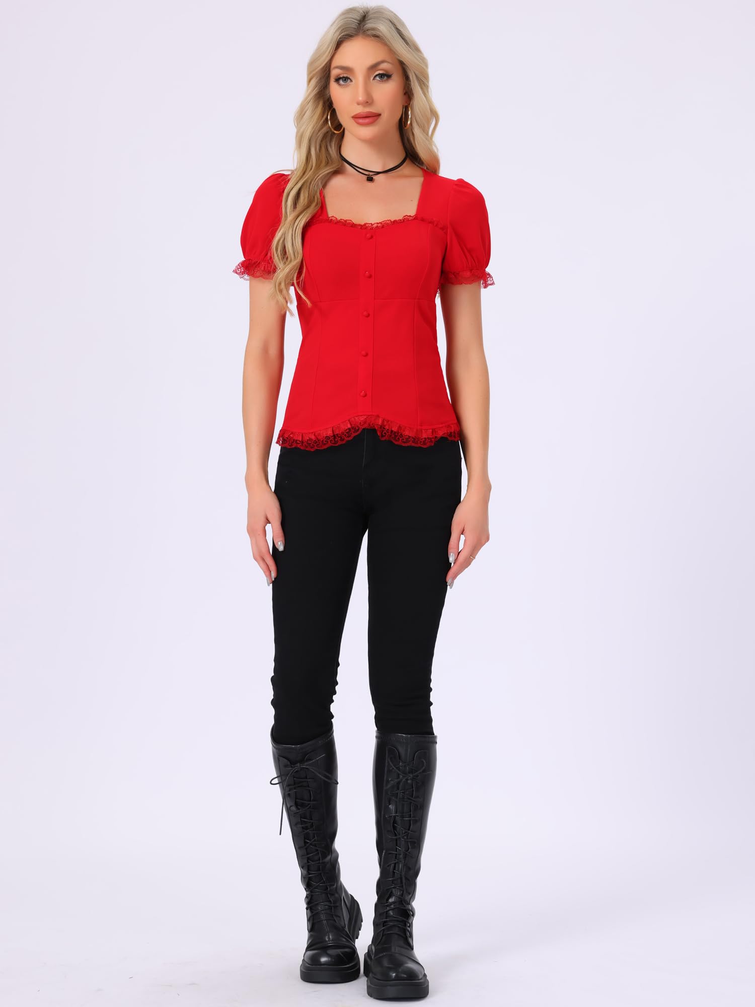 Allegra K Camicia vittoriana da donna con scollo a cuore, maniche a sbuffo, per Halloween, con lacci
