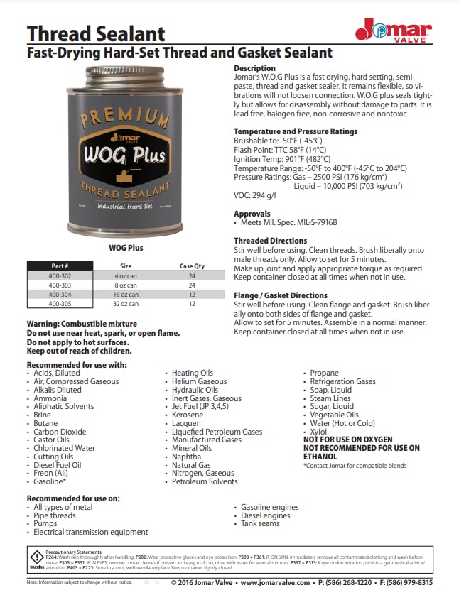 Jomar Valve - The Green Stuff Jomar Valve - WOG Plus (Water, Oil, Gas) Fast-Drying, Hard-Set, Thread and Gasket Sealant (8, Ounces)