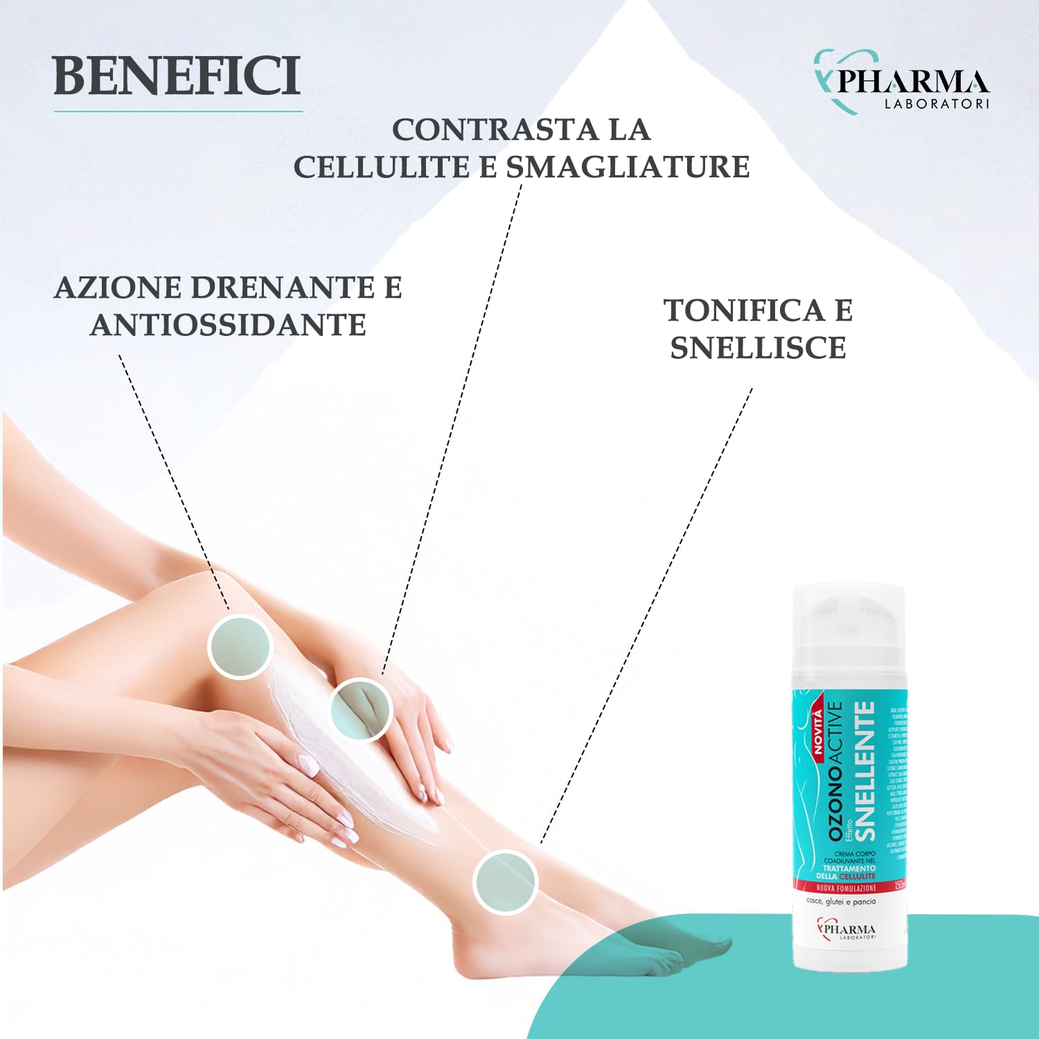 YPHARMA | SNELLENTE OZONO ACTIVE crema anticellulite - 150 ml - crema rassodante, snellente e tonificante - contro smagliature e cellulite, a base di caffeina, vite rossa, olio ozonizzato di girasole