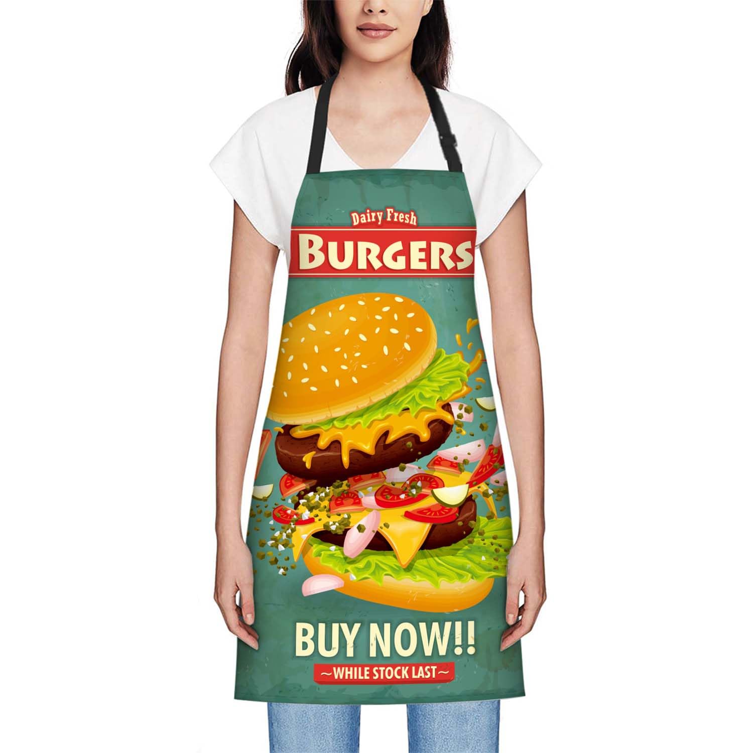 Smooffly Vintage Burger Poster Apron - Unisex Adjustable Bib Apron for Home Kitchen Restaurant, Coffee House - Image 2