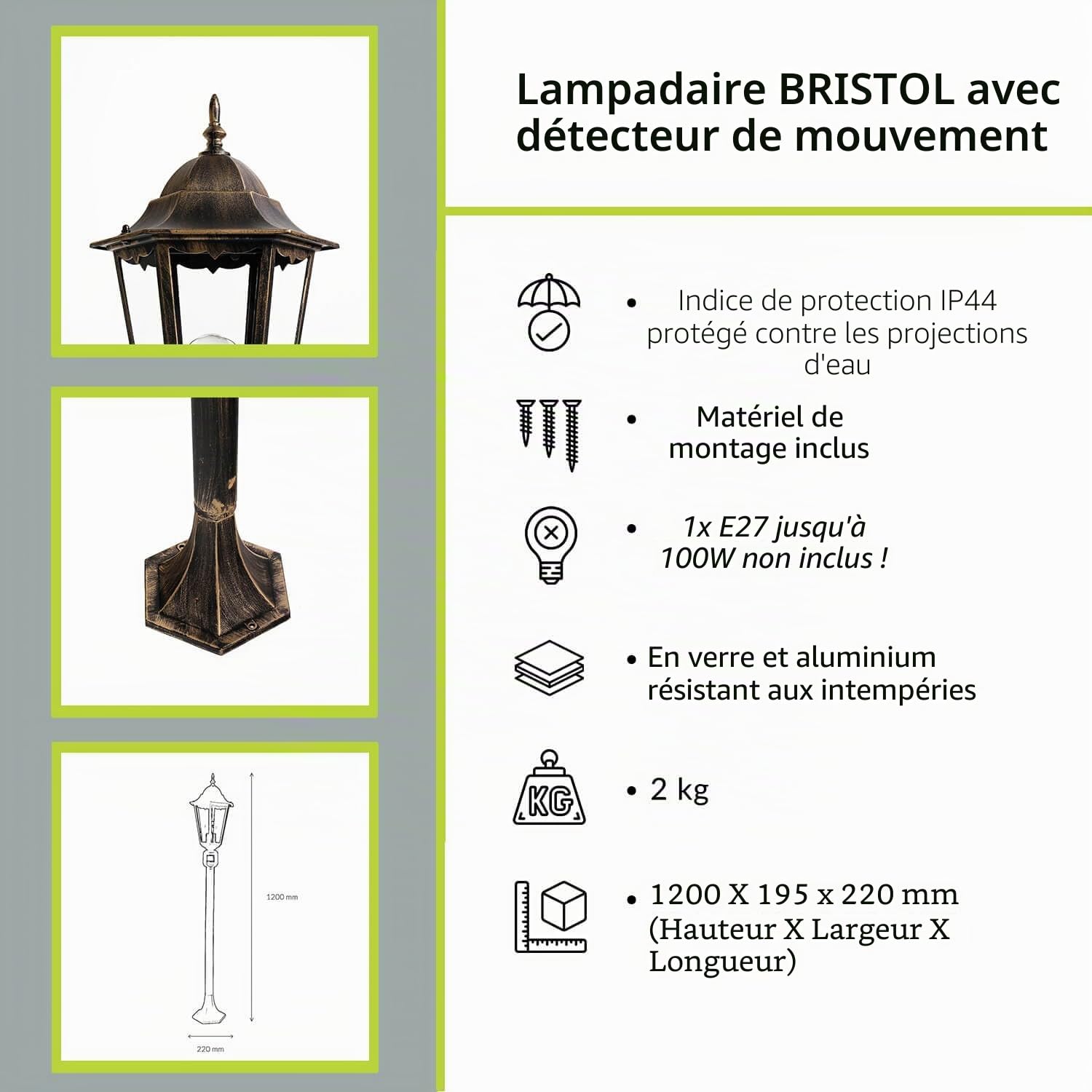 Licht-Erlebnisse Lampadaire de jardin avec détecteur de mouvement en aluminium et verre noir-cuivre IP44 H:112,5 cm E27 Lanterne Rustique mât extérieur BRISTOL