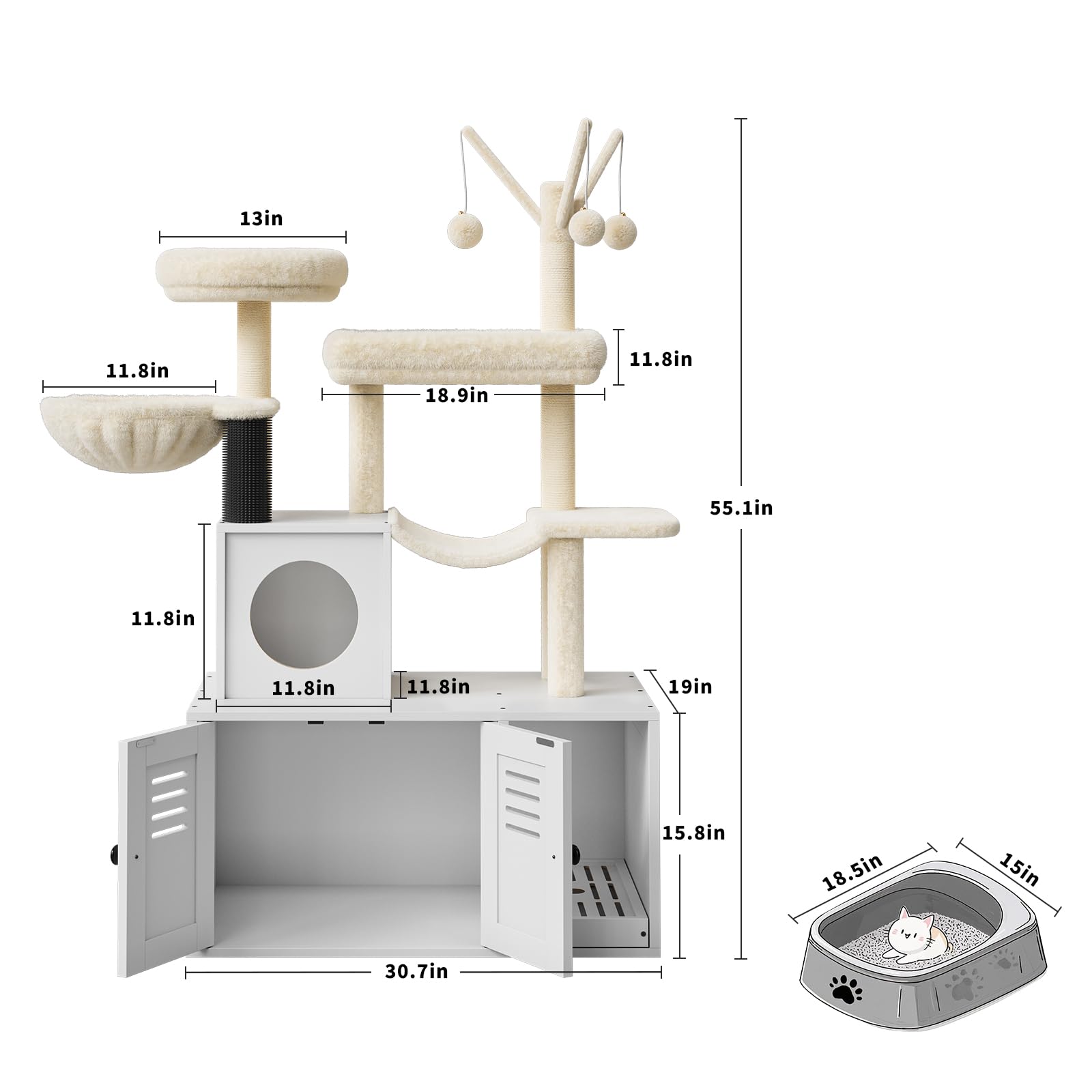 Möbel für Katzentoilette mit Kratzbaum aus Holz, Abdeckung für Katzentoilette und Kratzbrett, kombiniert, 2-in-1, mit integrierter Hütte & Kuschelplattform, modernes Katzenmöbel für Spielzeug und