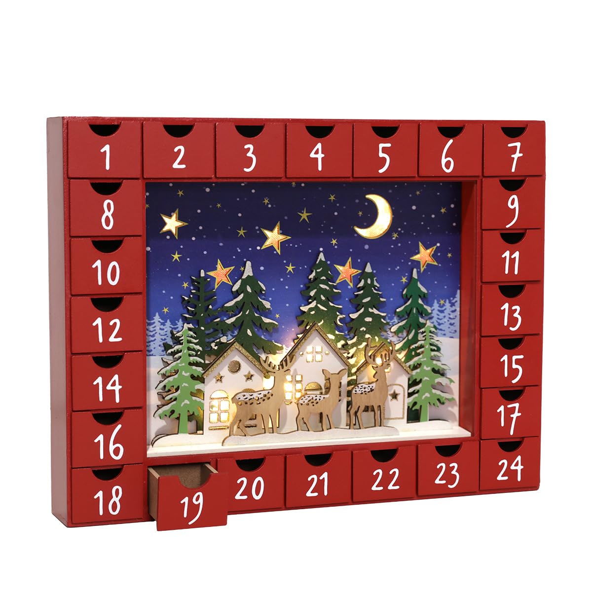 Weihnachten Adventskalender aus Holz mit LED und 24 Schubladen zum Befüllen kleiner Geschenke Countdown bis zur Weihnachtsdekoration