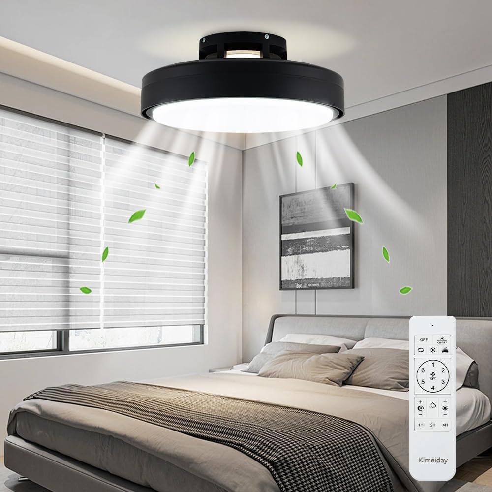 Modern Bladeless Ceiling Fans with Lights and Remote, Reversible, DC Motor 6 Speeds, Stepless dimming and CCT 3000K-6000K LED Lights for Bedroom Kids Room (A07-Black, 20.08IN) A07-Black 20.08IN