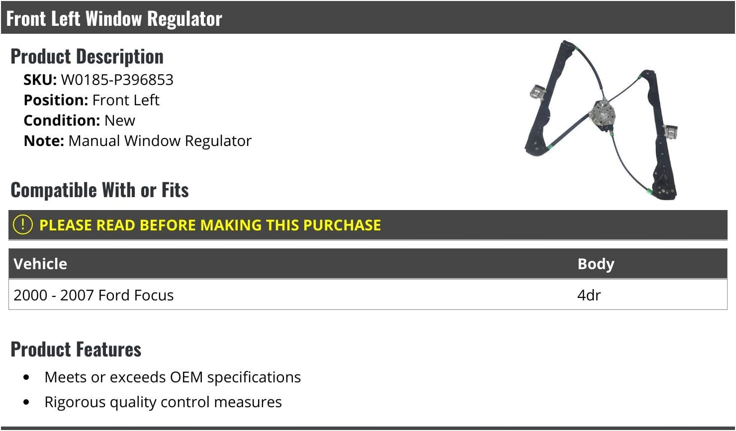 Front Left Driver Side Manual Window Regulator - Compatible with 2000-2007 Ford Focus 4-Door