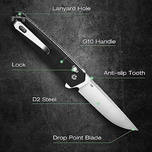 Image of MOSSY OAK Pocket Folding Knife, 3.5-Inch D2 Steel Drop Point Blade, G10 Handle, Small EDC Knife with Belt Clip for Camping, Hiking (Black)