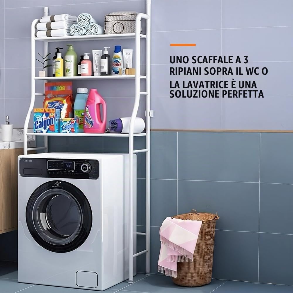 Mensola da bagno su WC – 3 ripiani – Scaffale in metallo bianco per accessori da bagno, asciugamani, prodotti per la pulizia – Mensola salvaspazio su WC o lavatrice