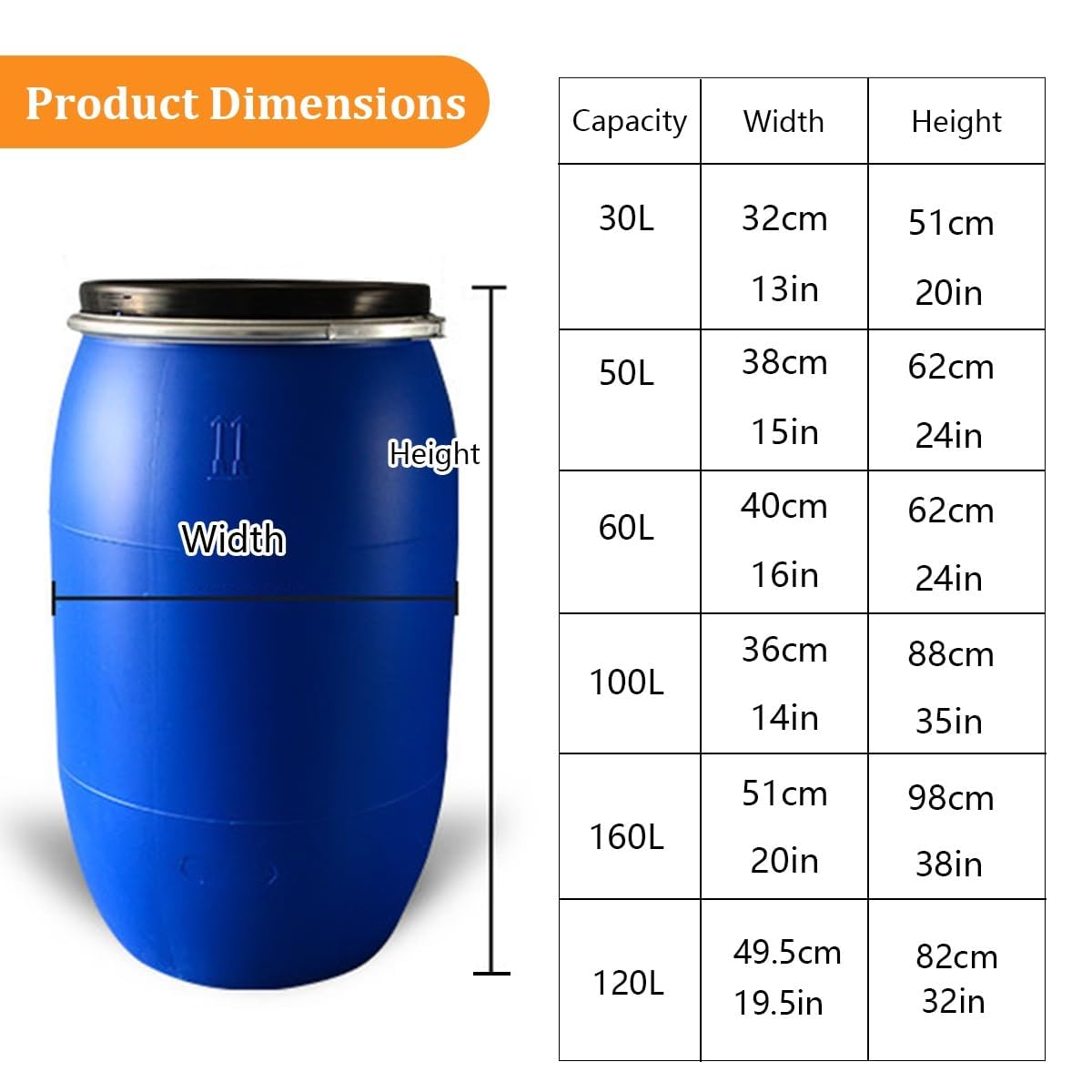 Barile in plastica per la conservazione dellacqua con Coperchio, Fusto Blu Aperto con Coperchio e Anello di Chiusura, Grande barile in plastica, per Uso Alimentare e Adatto al Trasporto (100L)