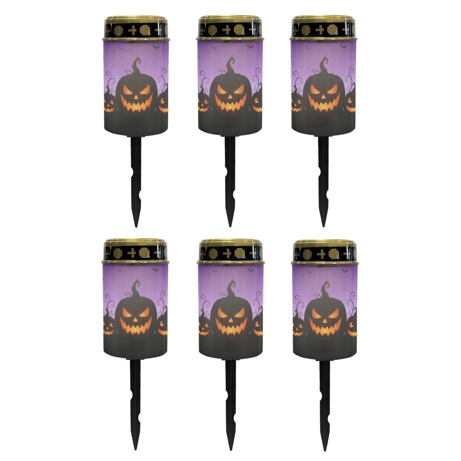Poceacles Outdoor Solar Powered Cemetery Lights Grave Outdoor Stake Lights Garden Solar Lantern Flameless Candles Halloween Garden Decoration, Pumpkin Bat Print Violet, Pack of 6