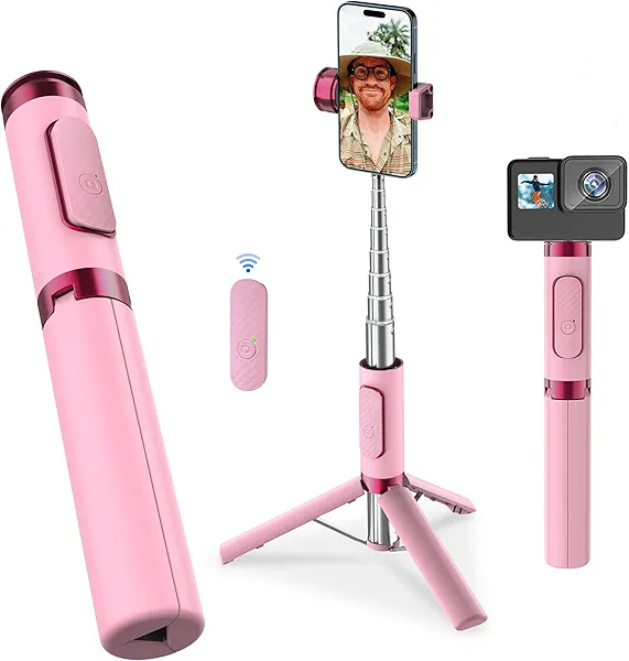 Phone Tripod & Selfie Stick Foldable Cellphone Tripod with Remote for Group Selfies/Live Streaming/Video Recording for iPhone Series Android (Pink)