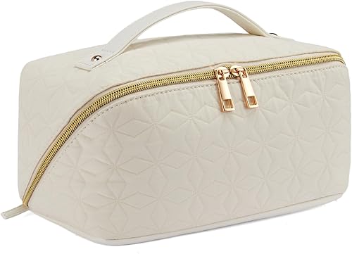 Telena Bolsa de maquillaje de gran capacidad, bolsa de cosméticos portátil de piel sintética resistente al agua, bolsas organizadoras de maquillaje