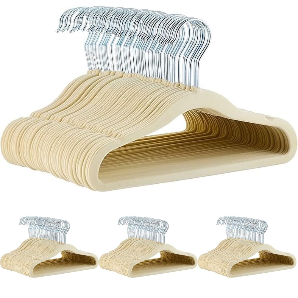 Amazon Basics Kids Space Saving Velvet Non-Slip Clothes Hangers with Shoulder Notches for Infant and Toddler, 11.6", Beige, 200-Pack