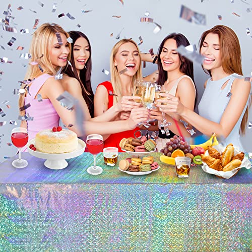 4 Pack Iridescence Silver Plastic Tablecloths Shiny Disposable Laser Rectangle Table Covers Holographic Foil Metallic Tablecloth Iridescent Party Decorations Birthday Bridal Wedding Christmas 54"X108" #TOP5