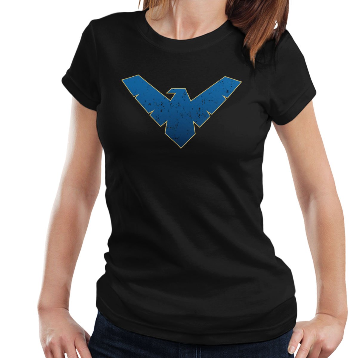 Cloud City 7 Women's Black Nightwing Logo Distressed T-Shirt